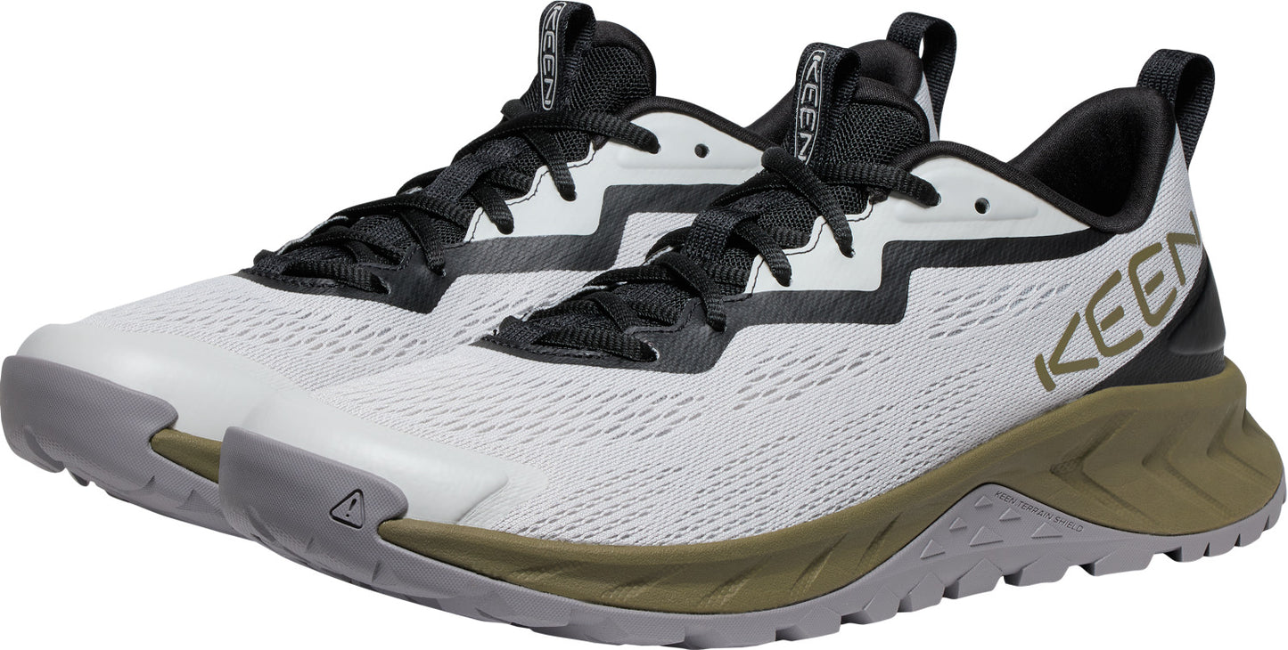 A pair of KEEN brand lightweight athletic shoes with white mesh, black laces and trim, and a two-tone olive and gray sole.
