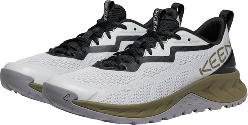 A pair of KEEN brand lightweight athletic shoes with white mesh, black laces and trim, and a two-tone olive and gray sole.
