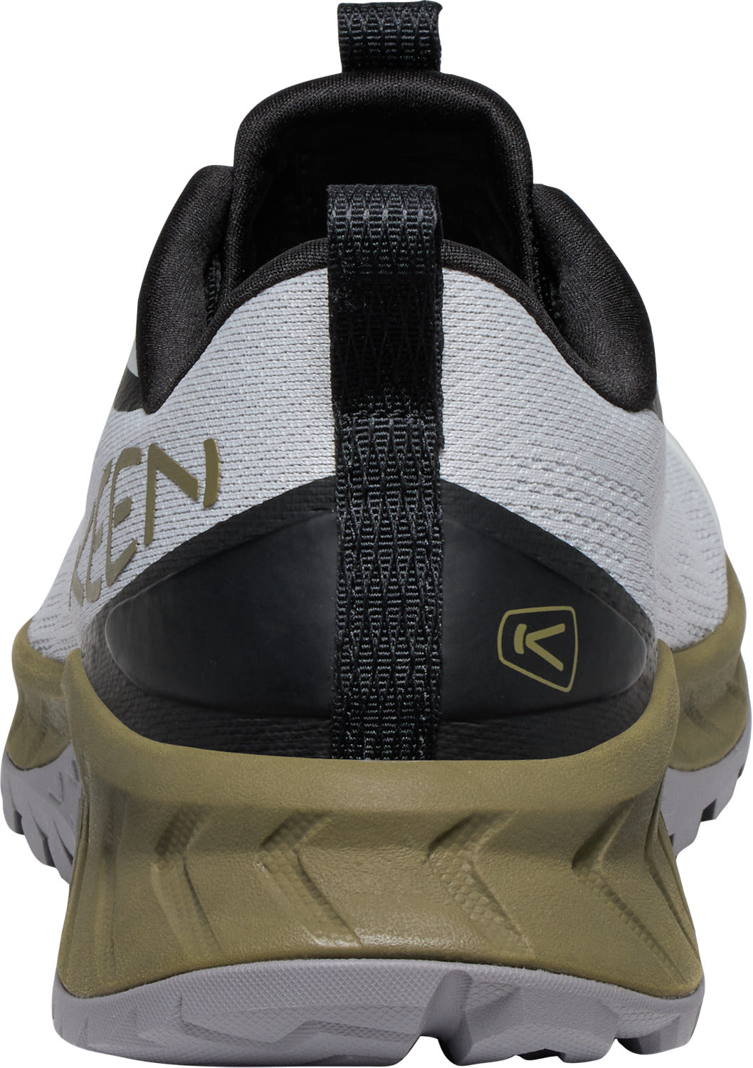 Back of a low-profile athletic shoe with a black heel and pull tab, a textured brown midsole, and the word "KEEN" visible on the side.
