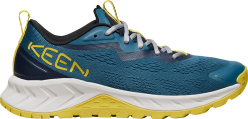 A turquoise sneaker with white laces and a yellow sole and heel.