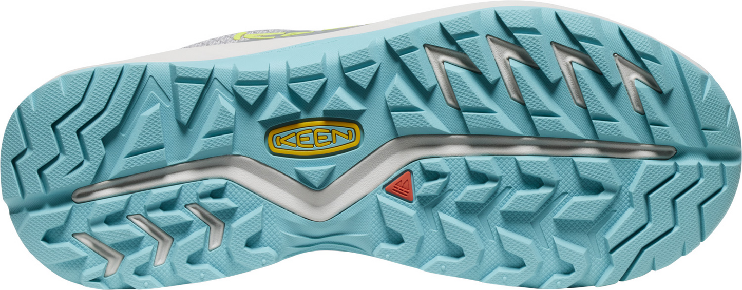 Sole of a shoe with a patterned blue-green surface and KEEN logo.