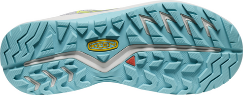Sole of a shoe with a patterned blue-green surface and KEEN logo.