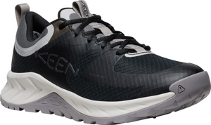 Black low-top trail running shoe with grey laces and a white and grey sole.