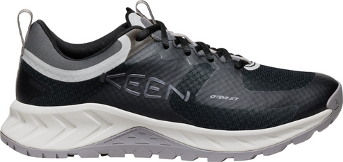 A running shoe with a black and grey color scheme.