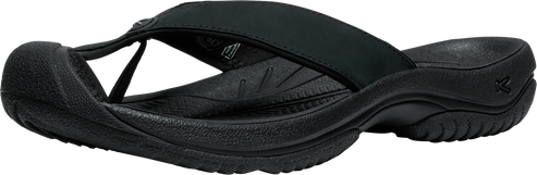 A black flip-flop with a rubber sole and strap.