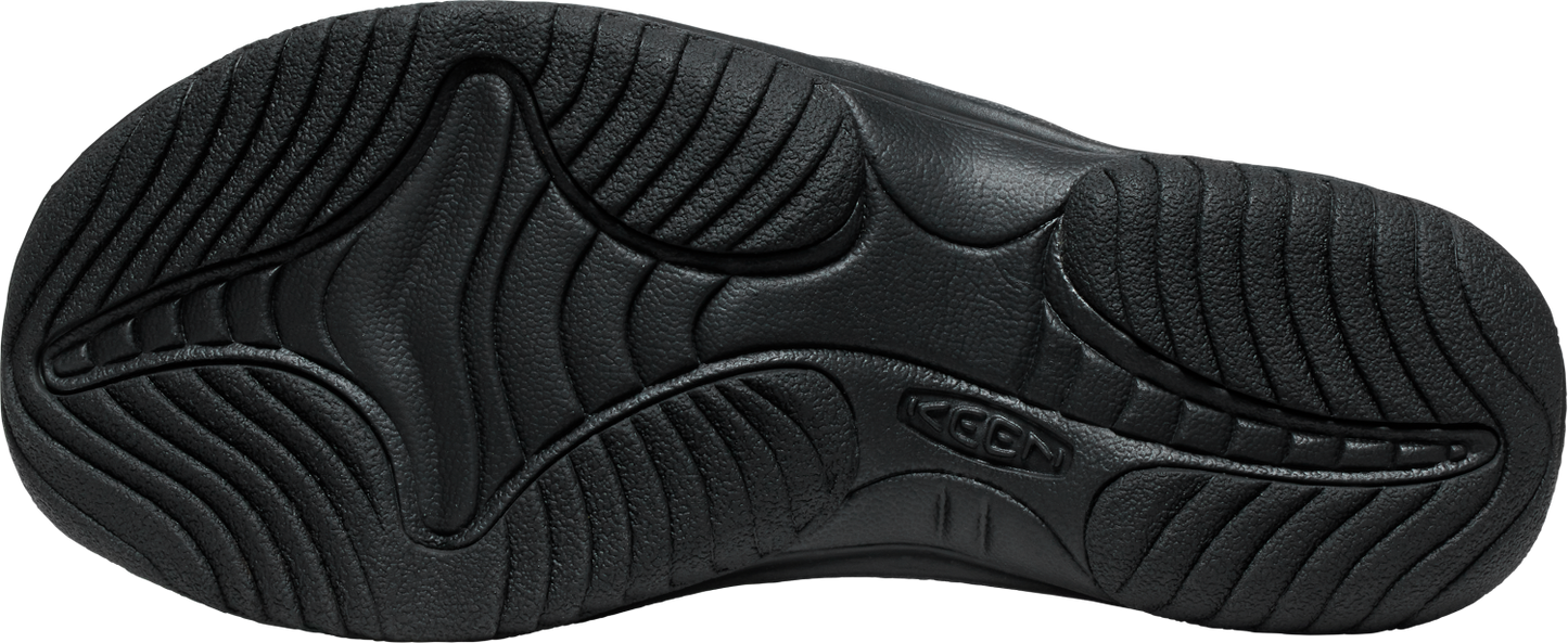 A shoe sole is black and grooved.