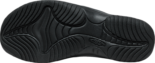 A shoe sole is black and grooved.