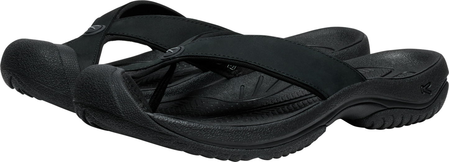 A pair of black flip-flops with thick soles and straps.