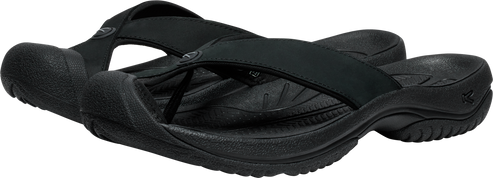 A pair of black flip-flops with thick soles and straps.