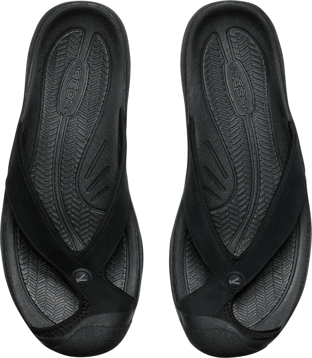 Overhead shot of pair of black flip flops.