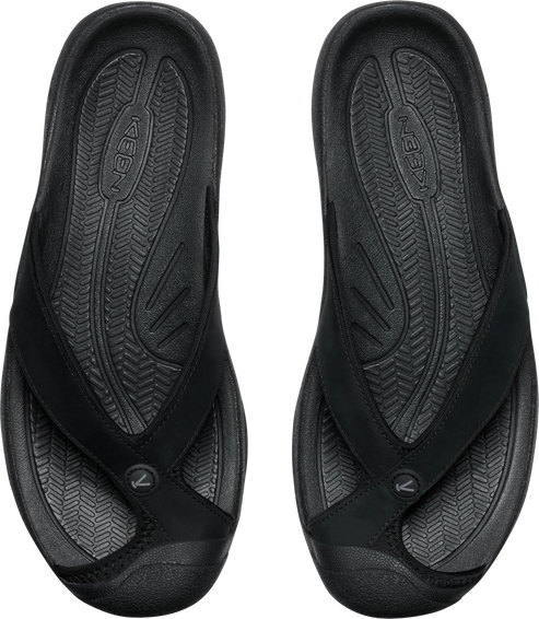 Overhead shot of pair of black flip flops.