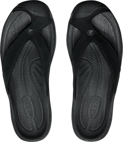 Pair of black flip-flops with textured soles and cross-strap design.