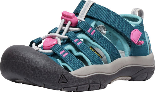 Teal and pink water sandal with a gray sole and a black toe cap.