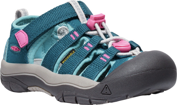 Teal and pink sandal featuring a protective toe cap, adjustable straps, and a grey sole.
