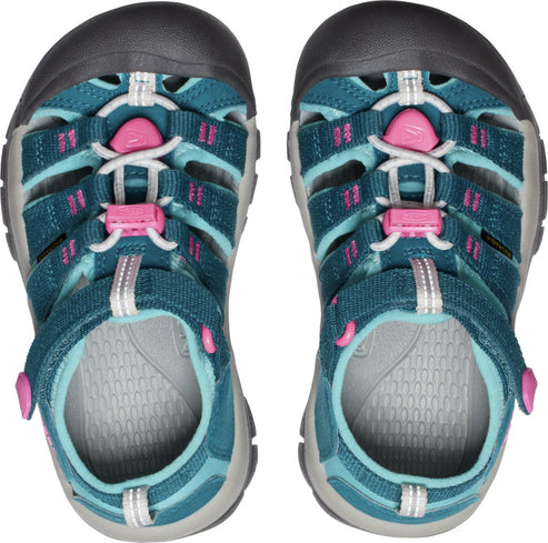 Pair of open-toed teal and pink sandals with a gray sole.