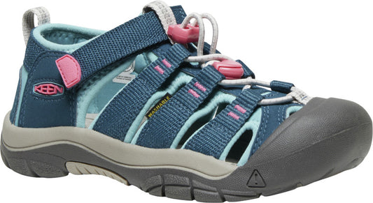 Blue and teal sandal with a gray sole, toe bumper, adjustable straps, and pink accents.