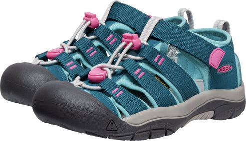 A pair of Teal and gray sandals with an adjustable strap.