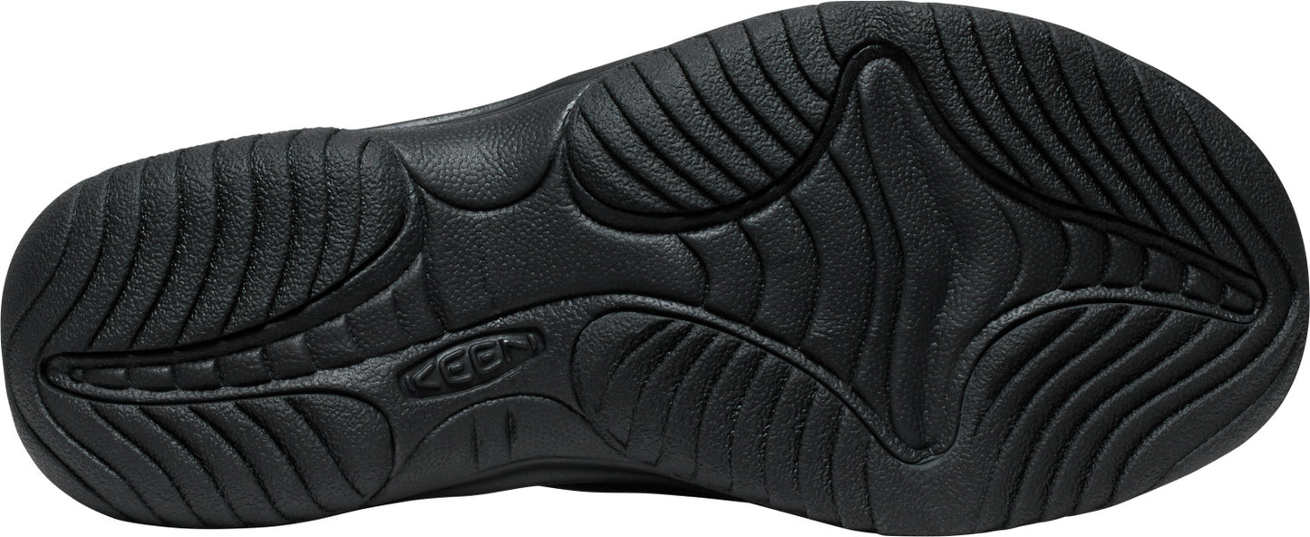 Black shoe sole with deep treads.