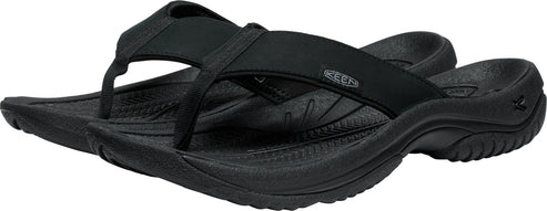 Pair of black flip-flops with toe post and thick straps.