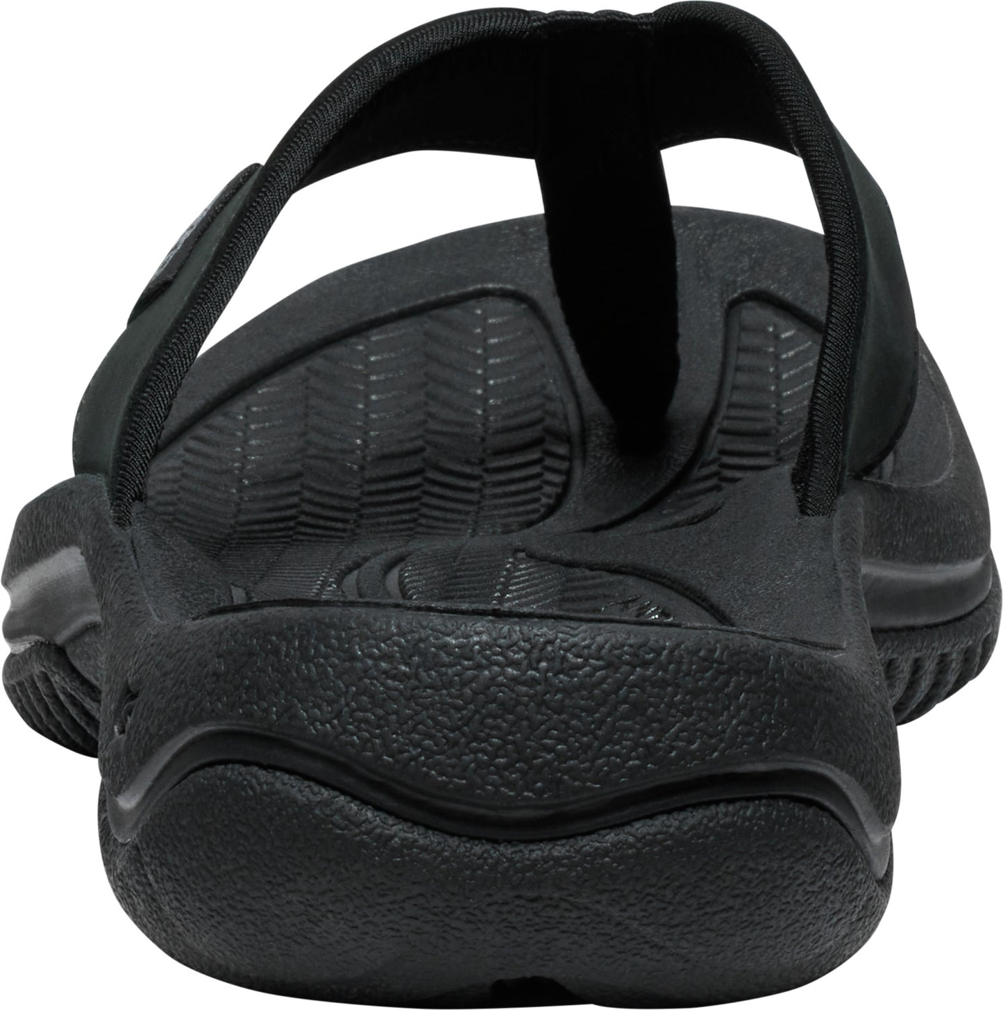 Back view of black flip-flop sandal with textured insole and thick sole.