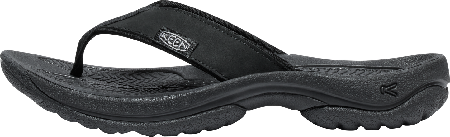 A black flip-flop sandal with a fabric toe post.