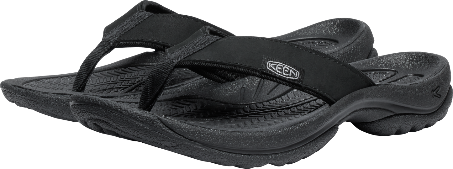 A pair of black flip-flops with the text "KEEN".