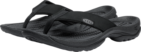 A pair of black flip-flops with the text "KEEN".