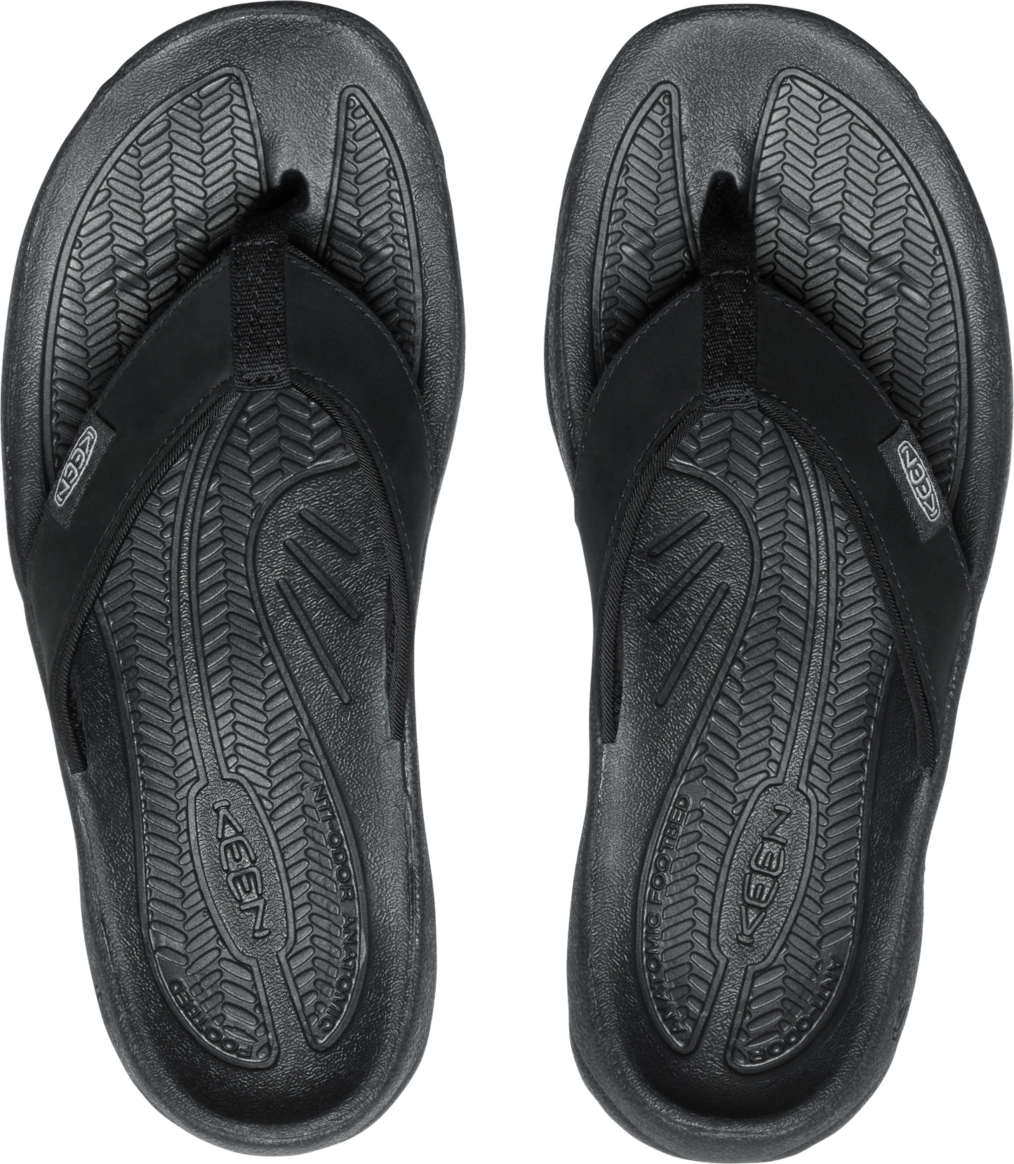 Two black flip flops with toe straps shown from above.