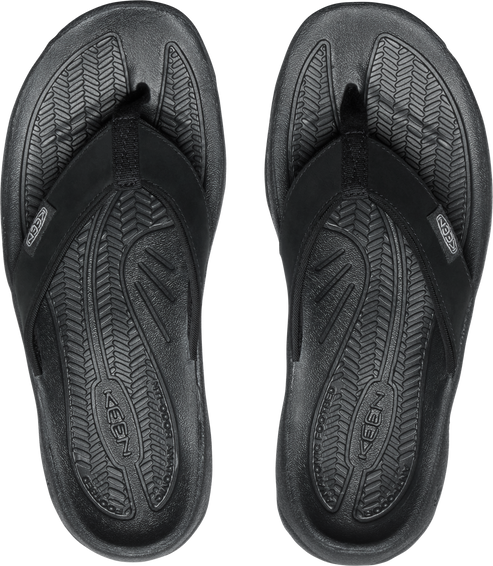 Two black flip flops with toe straps shown from above.