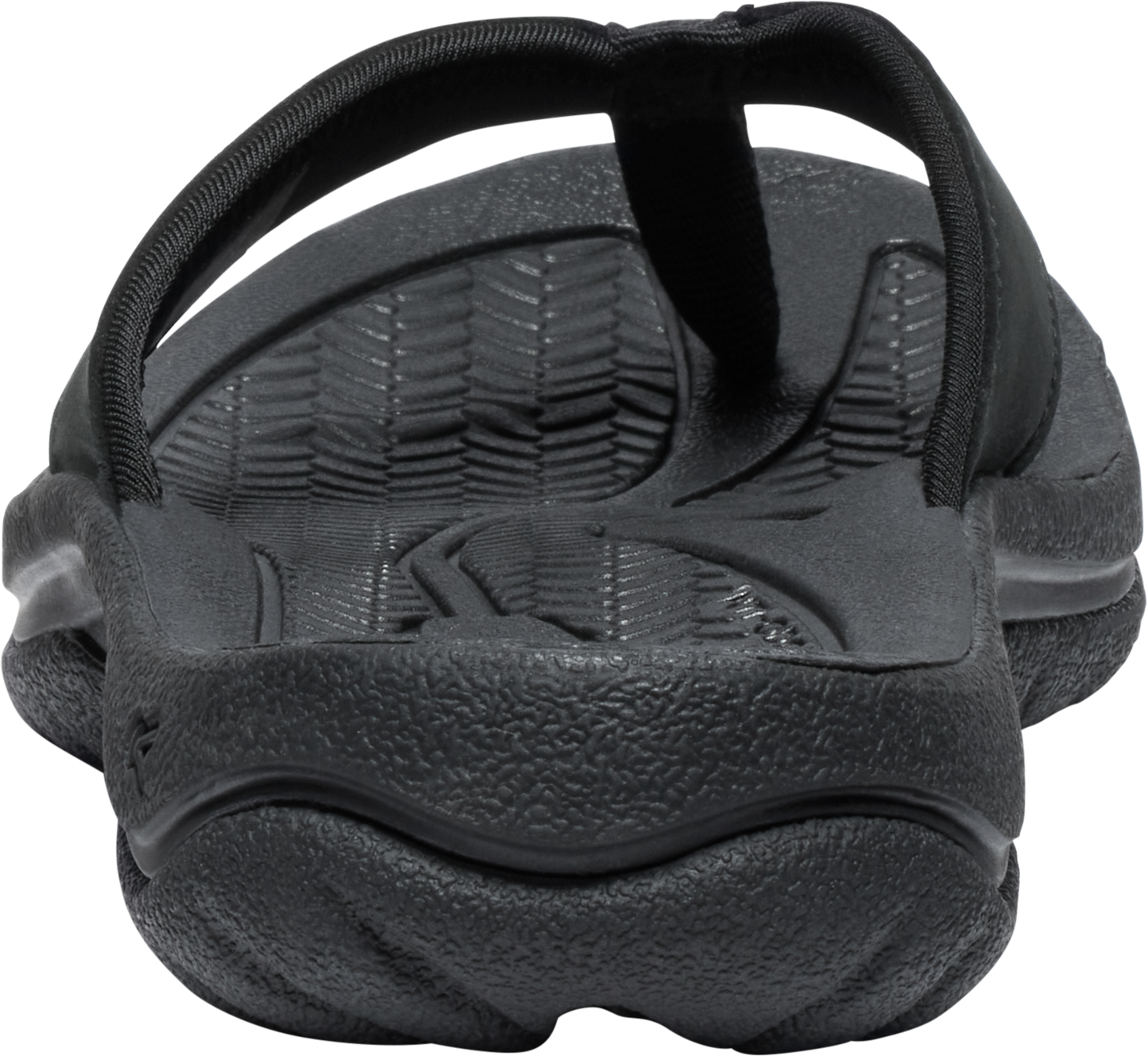 Black flip-flop sandal showing tread and strap.
