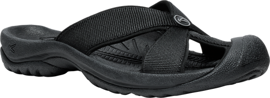 A black sandal with a toe cap and thick straps.