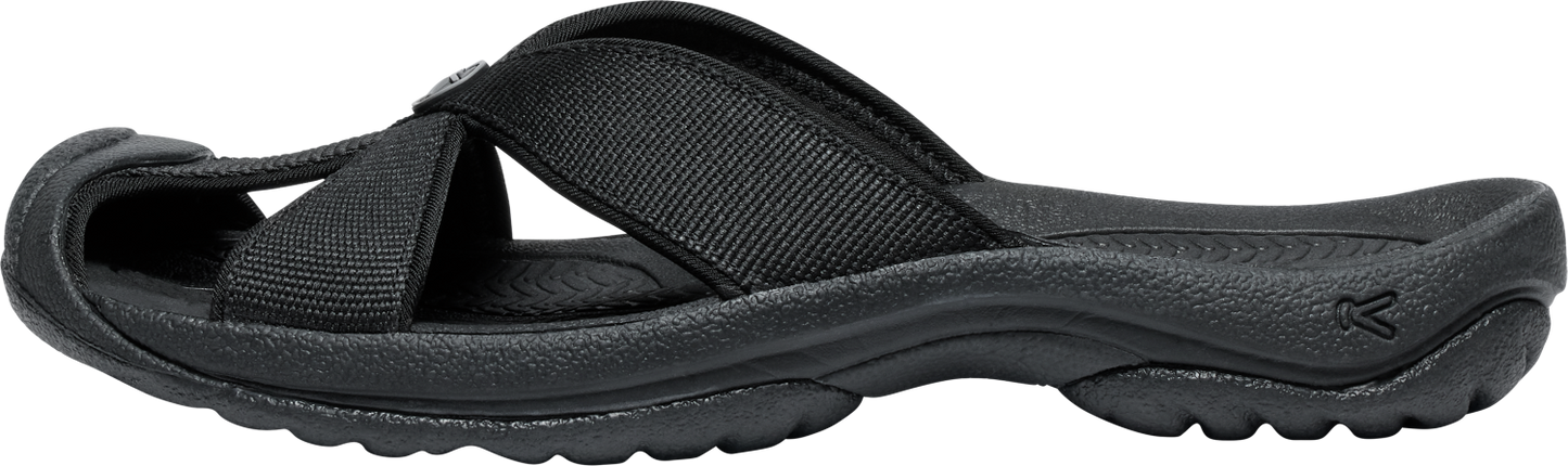 A black sandal with criss-cross straps.