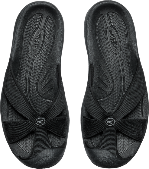 Overhead view of two black sandals with crisscrossing straps.