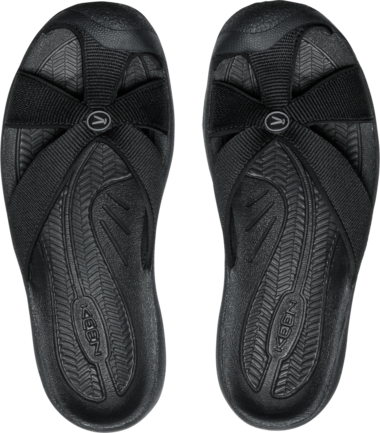 Two black sandals with cross-strap designs and the text 'KEEN' on the sole.