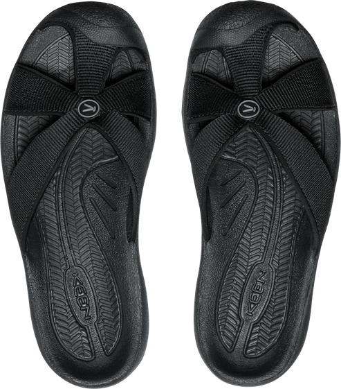 Two black sandals with cross-strap designs and the text 'KEEN' on the sole.