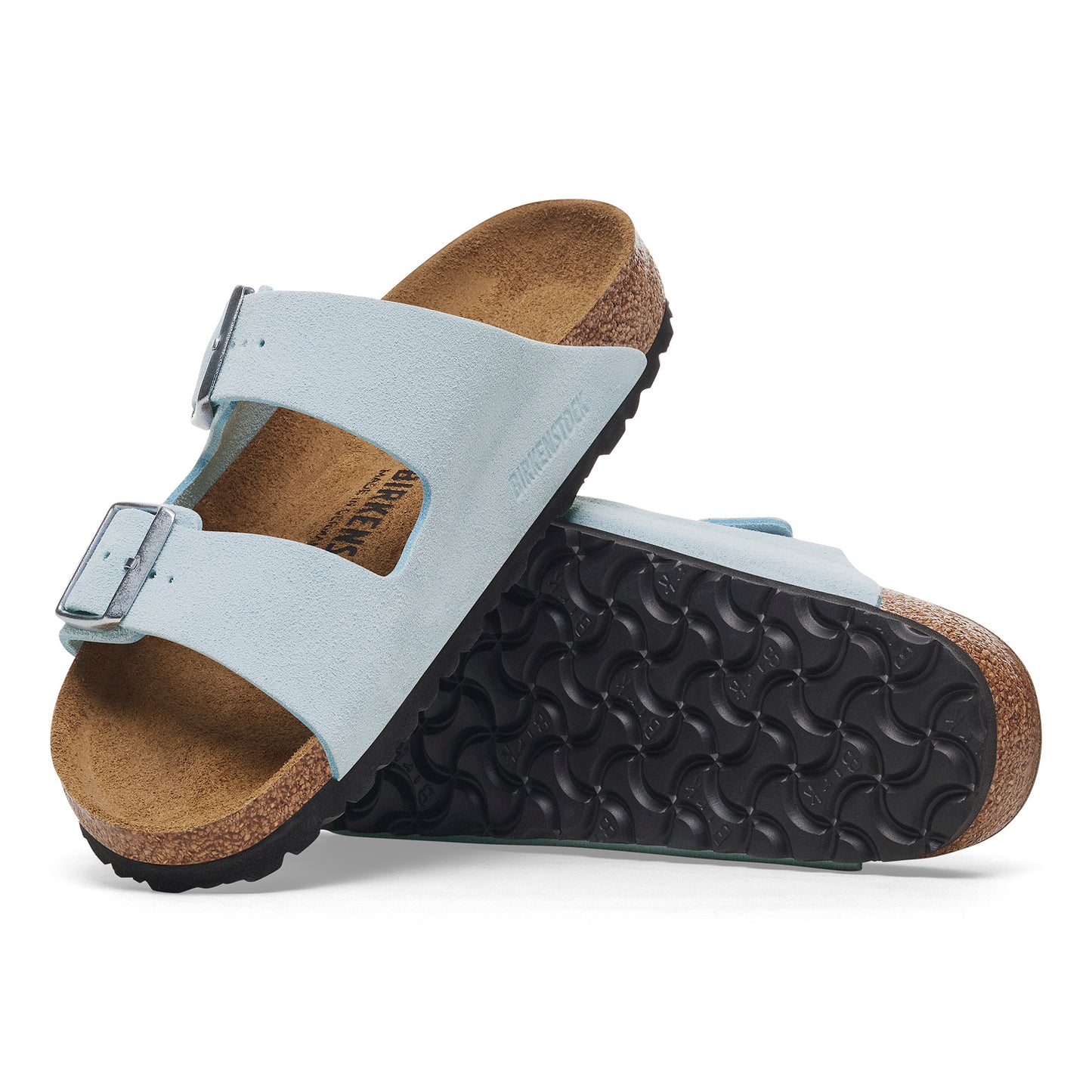 Two light blue, adjustable, two-strap sandals with cork soles.