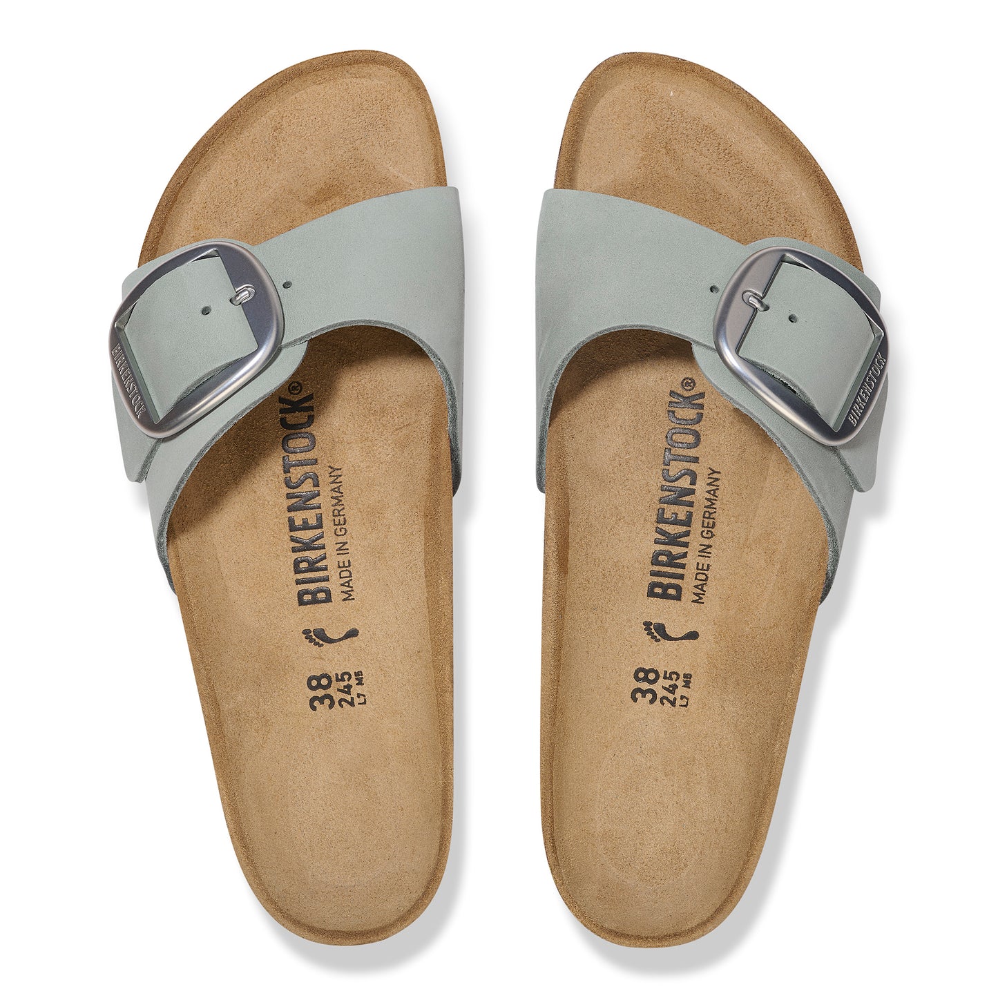 Two Birkenstock sandals, seen from above, light blue slide with large silver adjustable buckle, text on the sole
