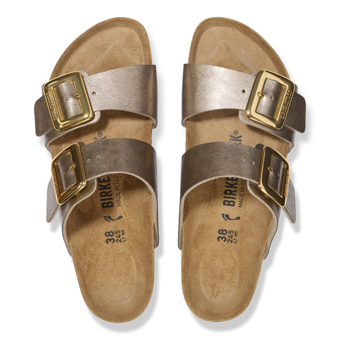 Pair of open-toed sandals with two adjustable straps and gold buckles.