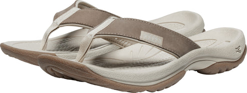pair of flip-flops with brown and beige straps and soles