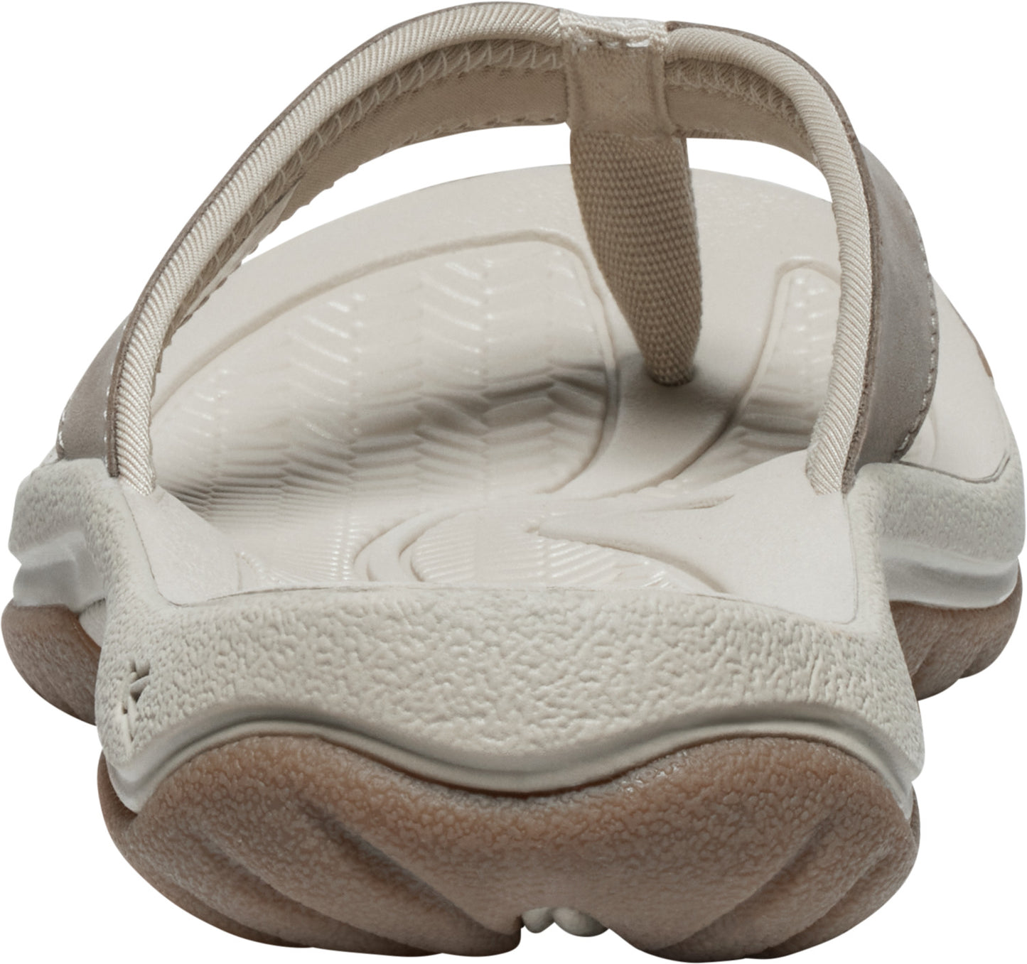 Flip flop rear view with beige straps and tan sole.
