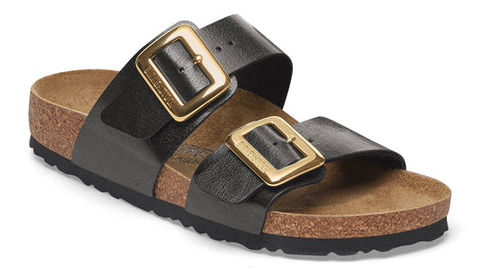 Black sandal with two straps and gold buckles.