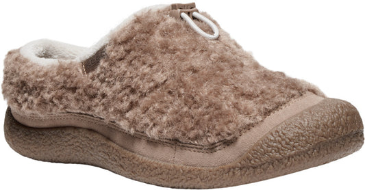 Beige, slip-on, fuzzy, wool-like clog with a rounded toe.