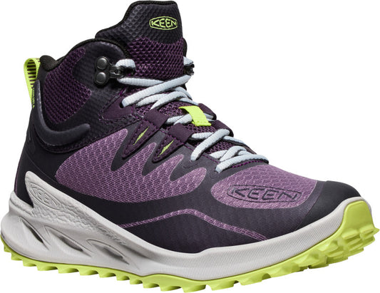Purple and black hiking boot with light blue laces and a light green sole.