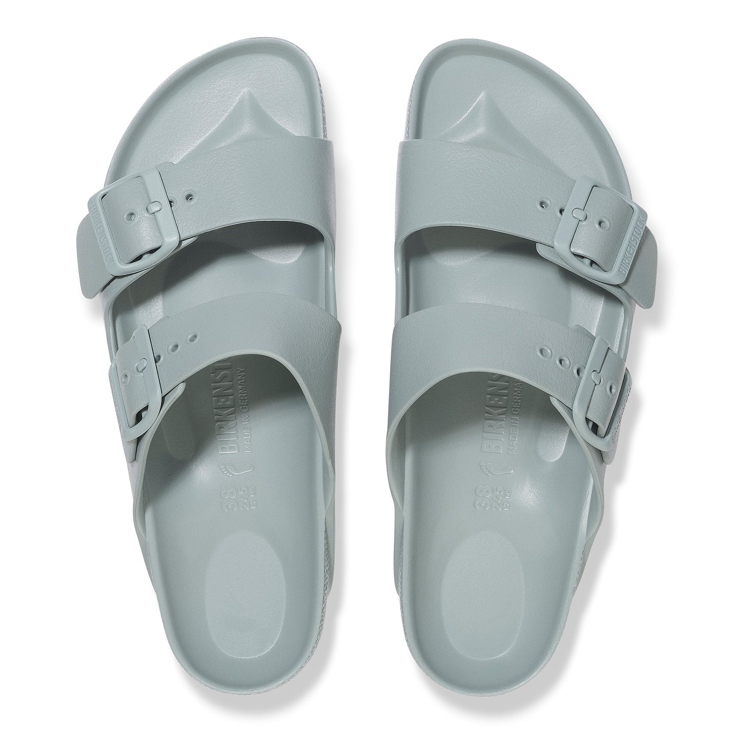 Two light blue sandals with two adjustable straps.