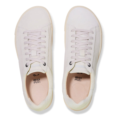 Overhead shot of two white sneakers with white laces; the inner soles are visible.