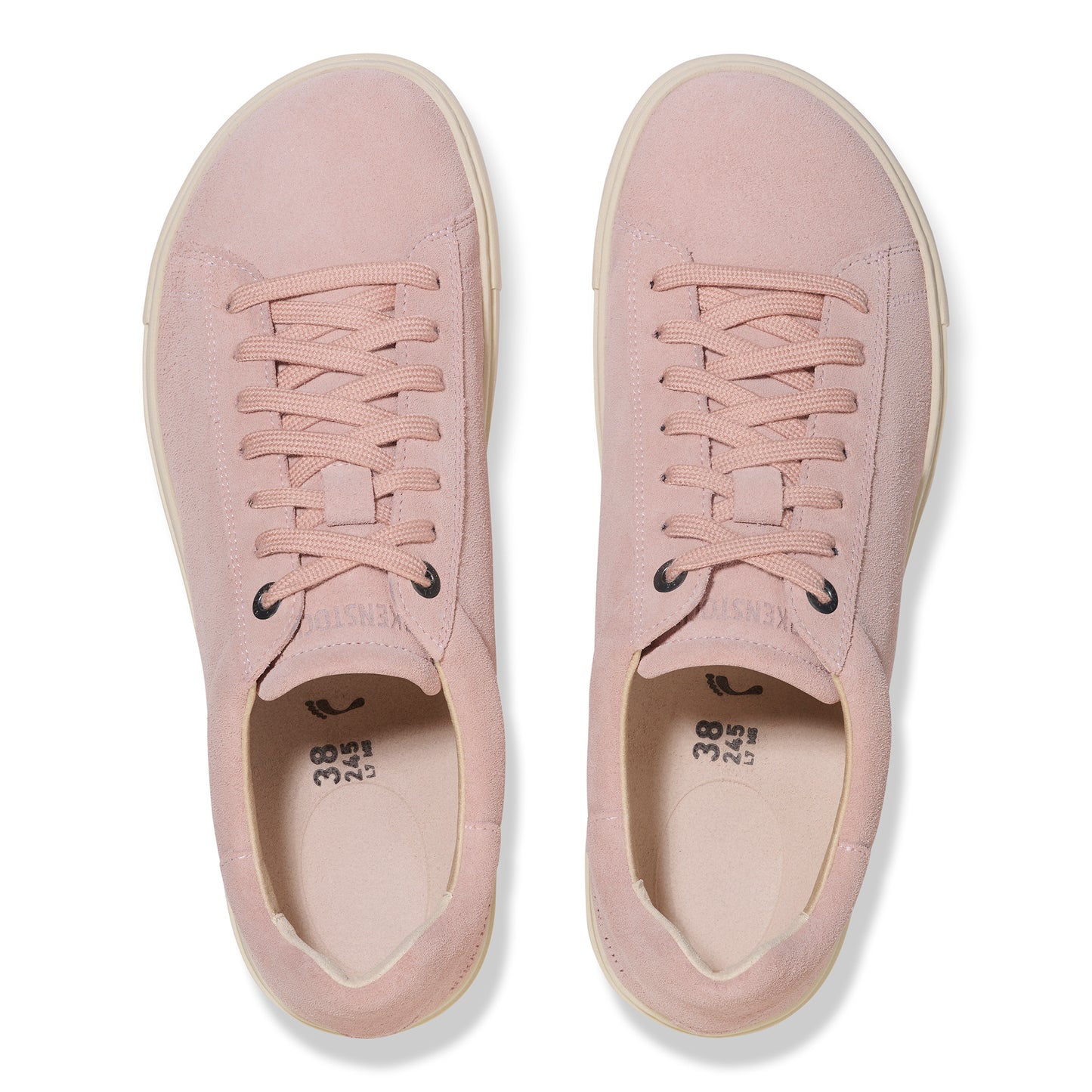 Pair of pink tennis shoes, viewed from above.