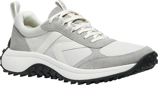 A white and gray sneaker with a thick, black lug sole and white laces.