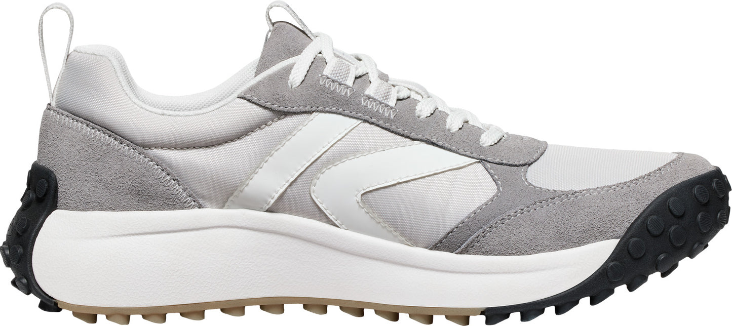 A white and gray sneaker with a white sole.