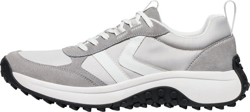 A gray and white sneaker with a black sole and white laces.