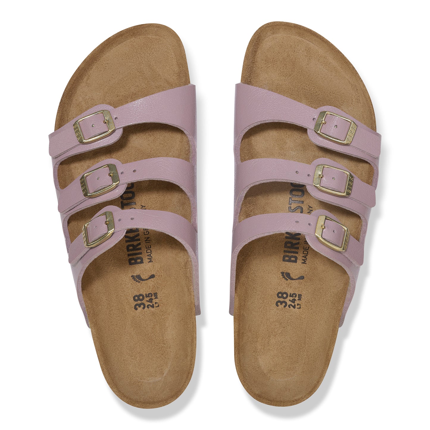 A pair of lilac three-strap slide sandals with adjustable gold buckles.